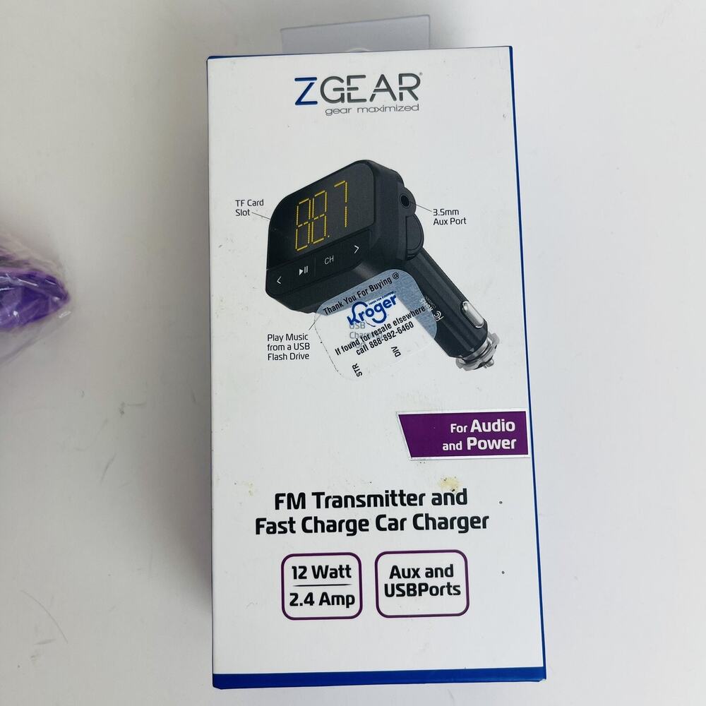 Z Gear FM Transmitter with Adaptive Fast Car Charger Aux & USB Port 12 Watt